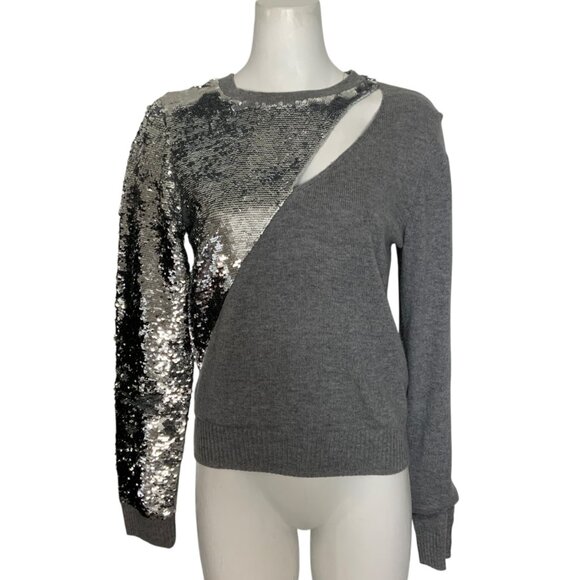 Revolve RTA Brand Teagan Sequin Sweater M Heather Gray Long Sleeve Crew Cutout - Picture 1 of 12